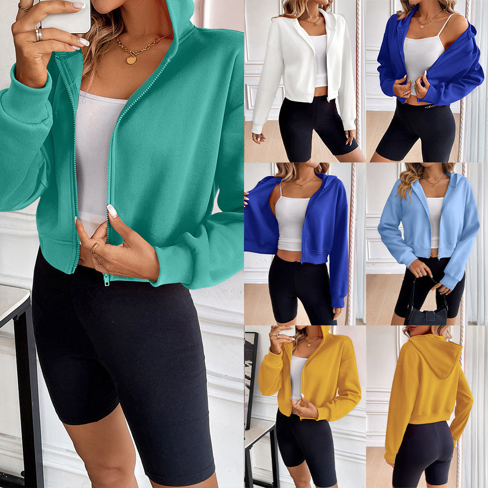 Cardigan zippé court à capuche pour femme